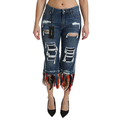 Dolce & Gabbana Blue Feathers Low Waist Cropped Cotton Jeans