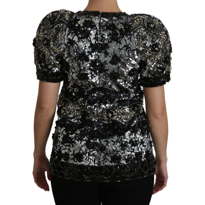 Dolce & Gabbana Black Sequined Crystal Embellished Top Blouse