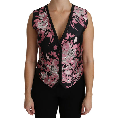 Dolce & Gabbana Black Pink Floral Waistcoat Vest Blouse Top