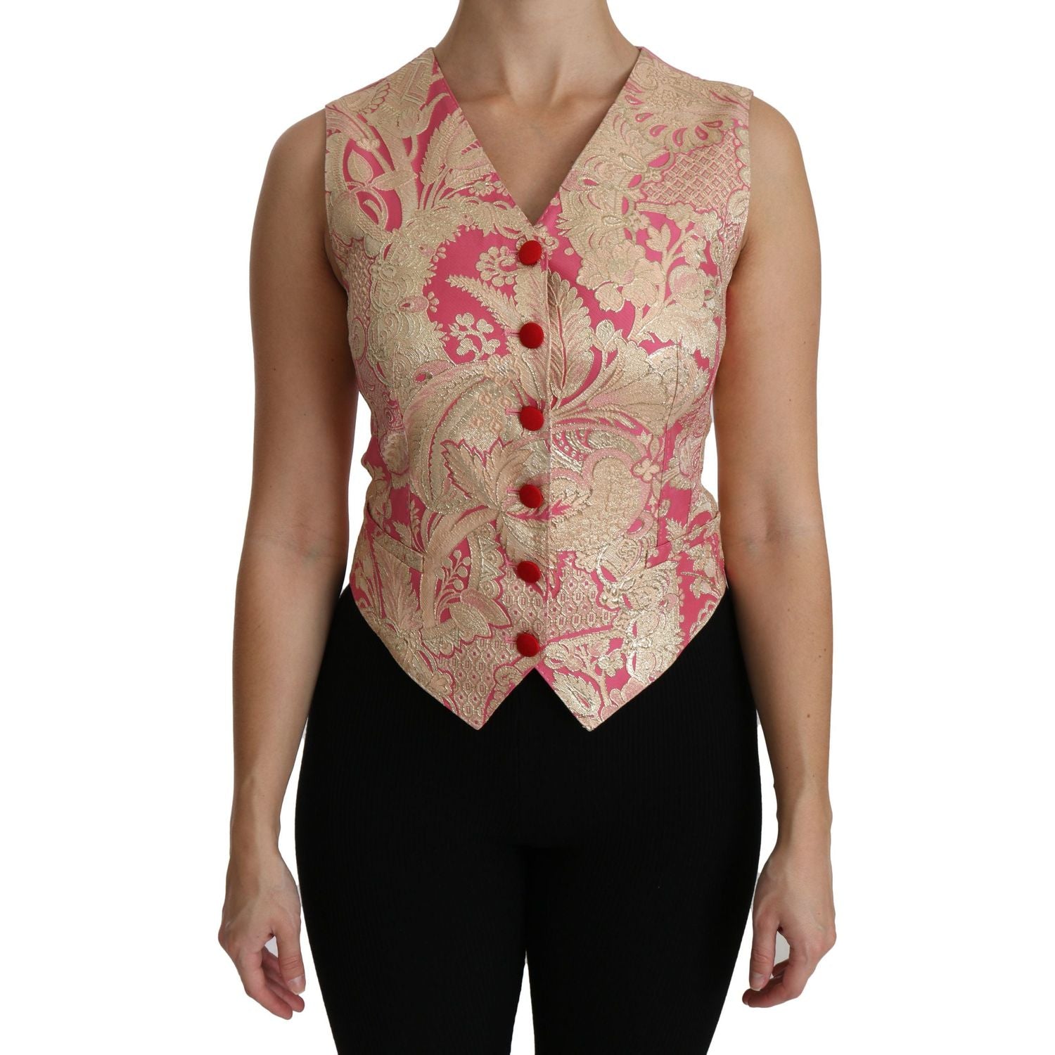 Dolce & Gabbana Pink Gold Brocade Waistcoat Vest Blouse Top