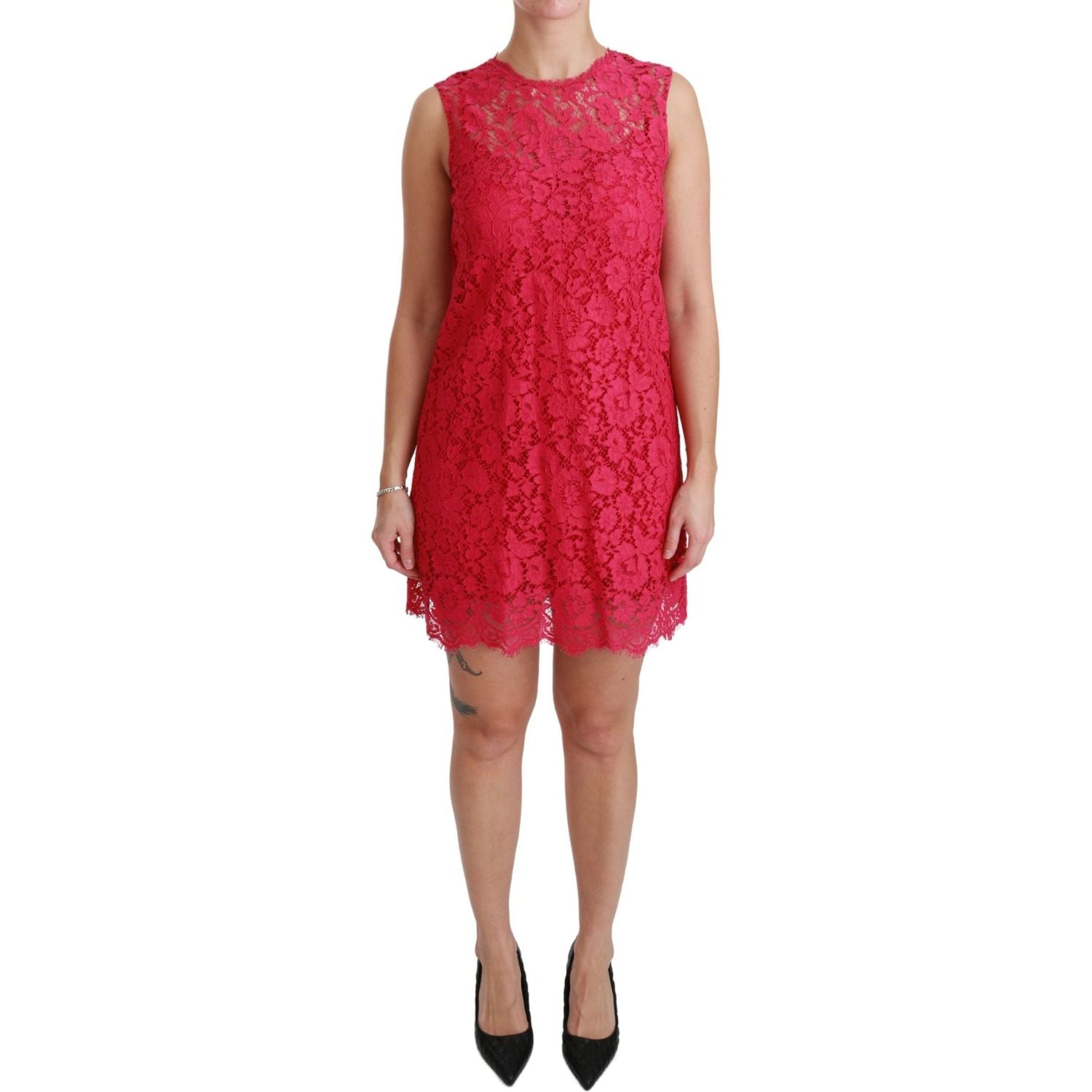 Dolce & Gabbana Pink Floral Lace Shift Gown Mini Dress