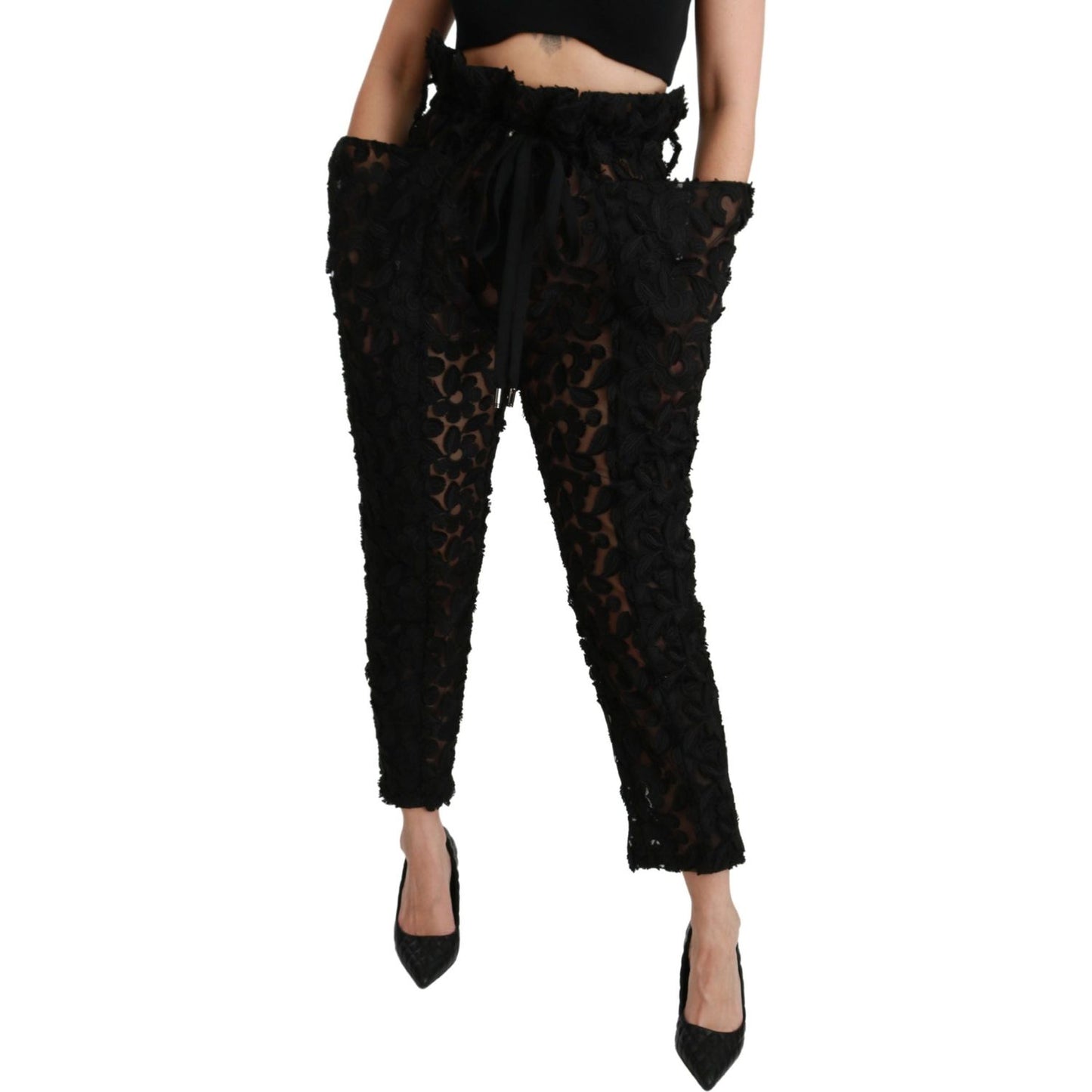 Dolce & Gabbana Black Floral Lace Tapered High Waist Pants Jeans & Pants