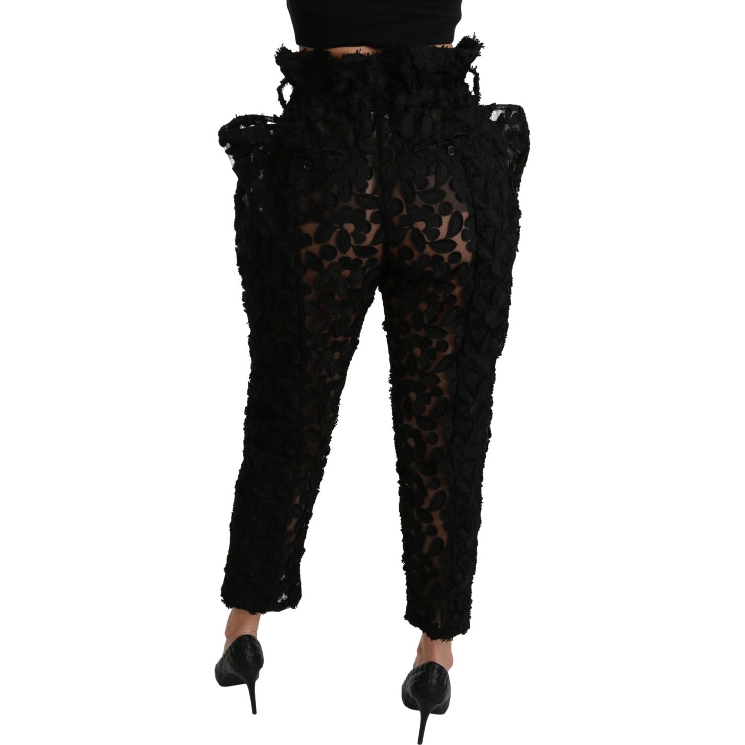 Dolce & Gabbana Black Floral Lace Tapered High Waist Pants