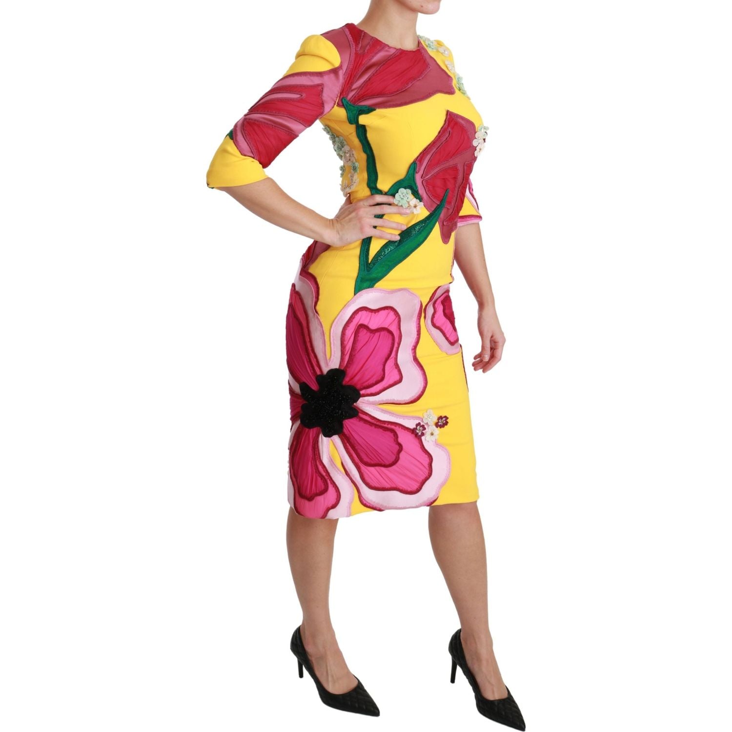 Dolce & Gabbana Yellow Floral Crystal Bodycon Sheath Dress