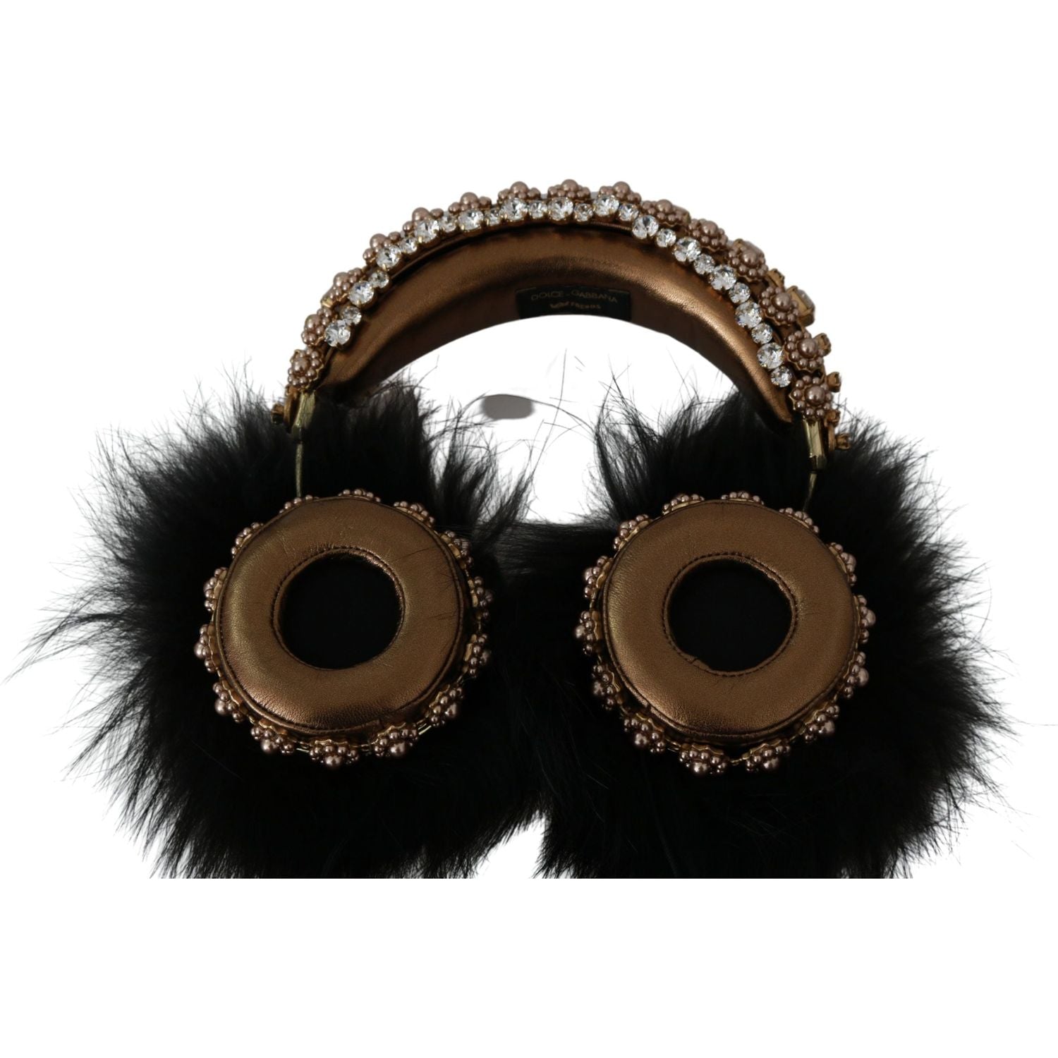 Dolce & Gabbana Gold Black Crystal Fur Headset Audio Headphones