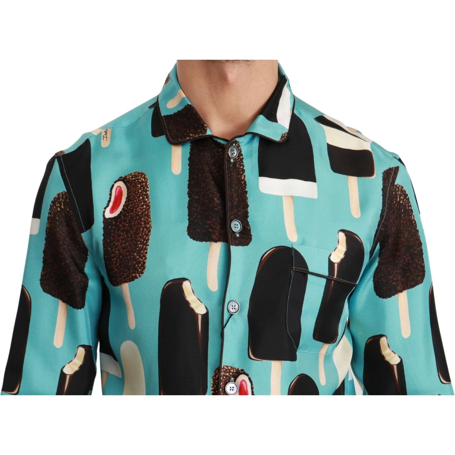 Dolce & Gabbana Blue Silk Ice Cream Print Casual Shirt