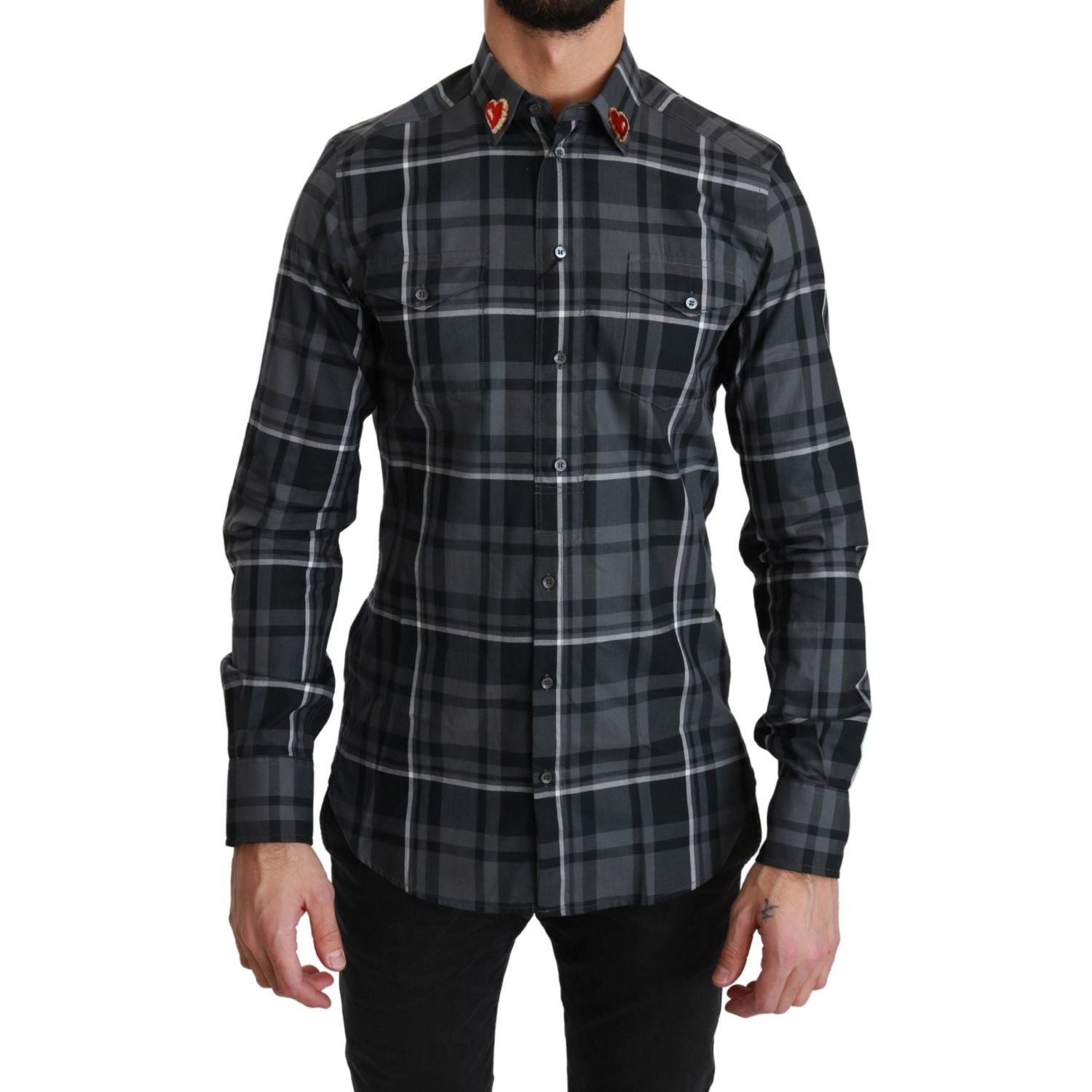 Dolce & Gabbana Gray Checkered Heart Collar MARTINI Shirt
