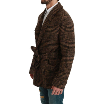 Dolce & Gabbana Brown Checkered Wool Robe Coat Wrap Jacket