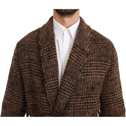 Dolce & Gabbana Brown Checkered Wool Robe Coat Wrap Jacket