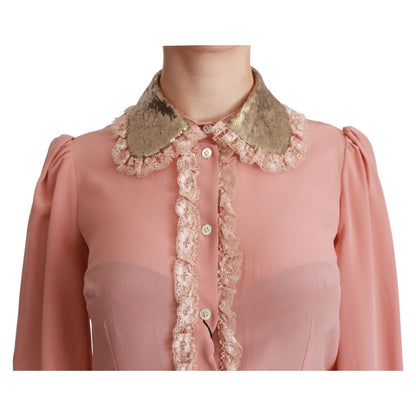 Dolce & Gabbana Pink Silk Gold Sequin Lace Blouse Shirt