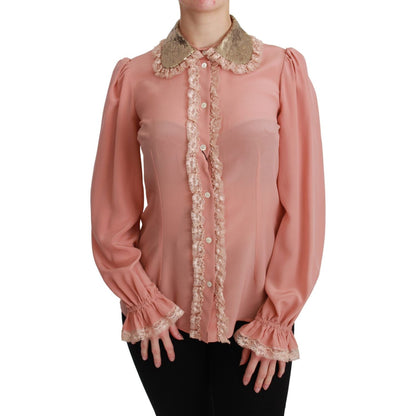 Dolce & Gabbana Pink Silk Gold Sequin Lace Blouse Shirt