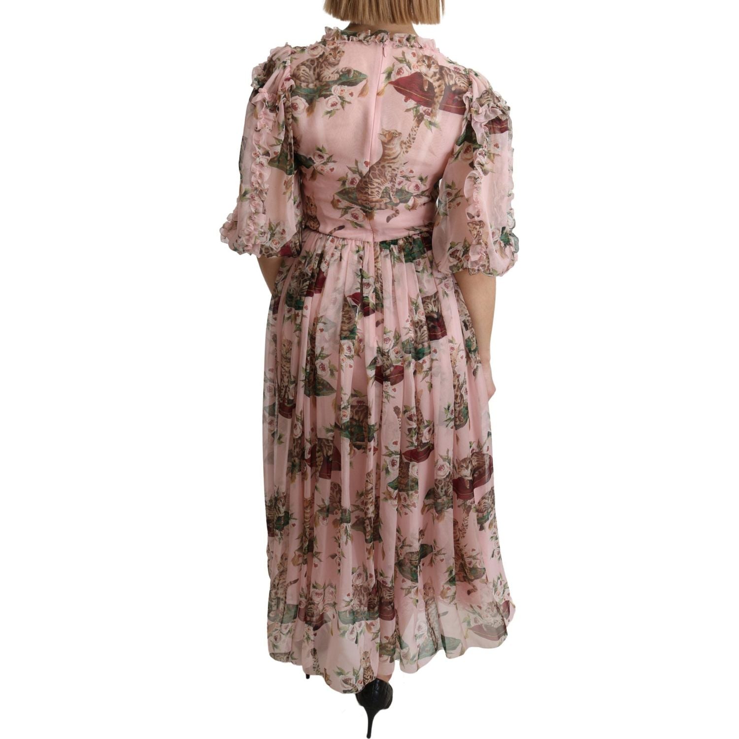 Dolce & Gabbana Pink Bengal Cat Print A-line Maxi Silk  Dress