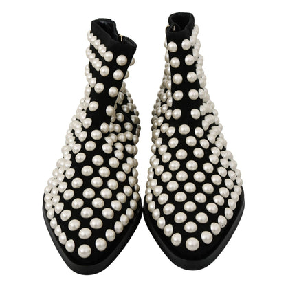 Dolce & Gabbana Black Suede Pearl Studs Boots Shoes