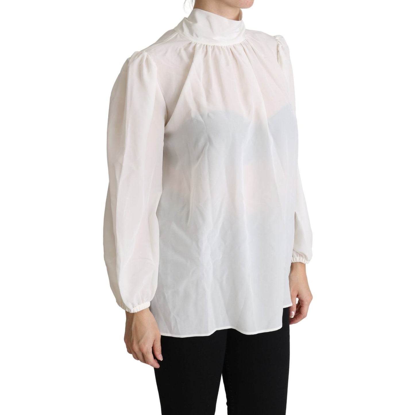 Dolce & Gabbana White Silk Pussy Bow Long Sleeved Top Blouse