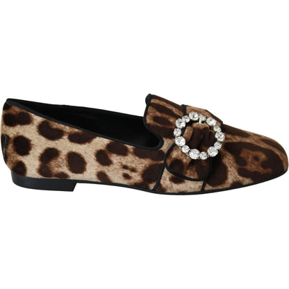 Dolce & Gabbana Brown Leopard Print Crystals Loafers Flats Shoes
