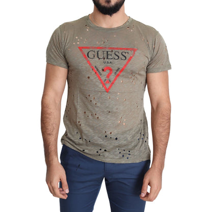 Guess Brown Cotton Stretch Logo Print Men Casual Perforated T-shirt
