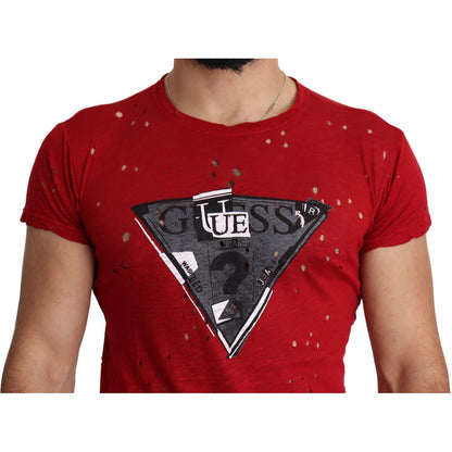 Guess Red Cotton Logo Print Men Casual Top Perforated T-shirt