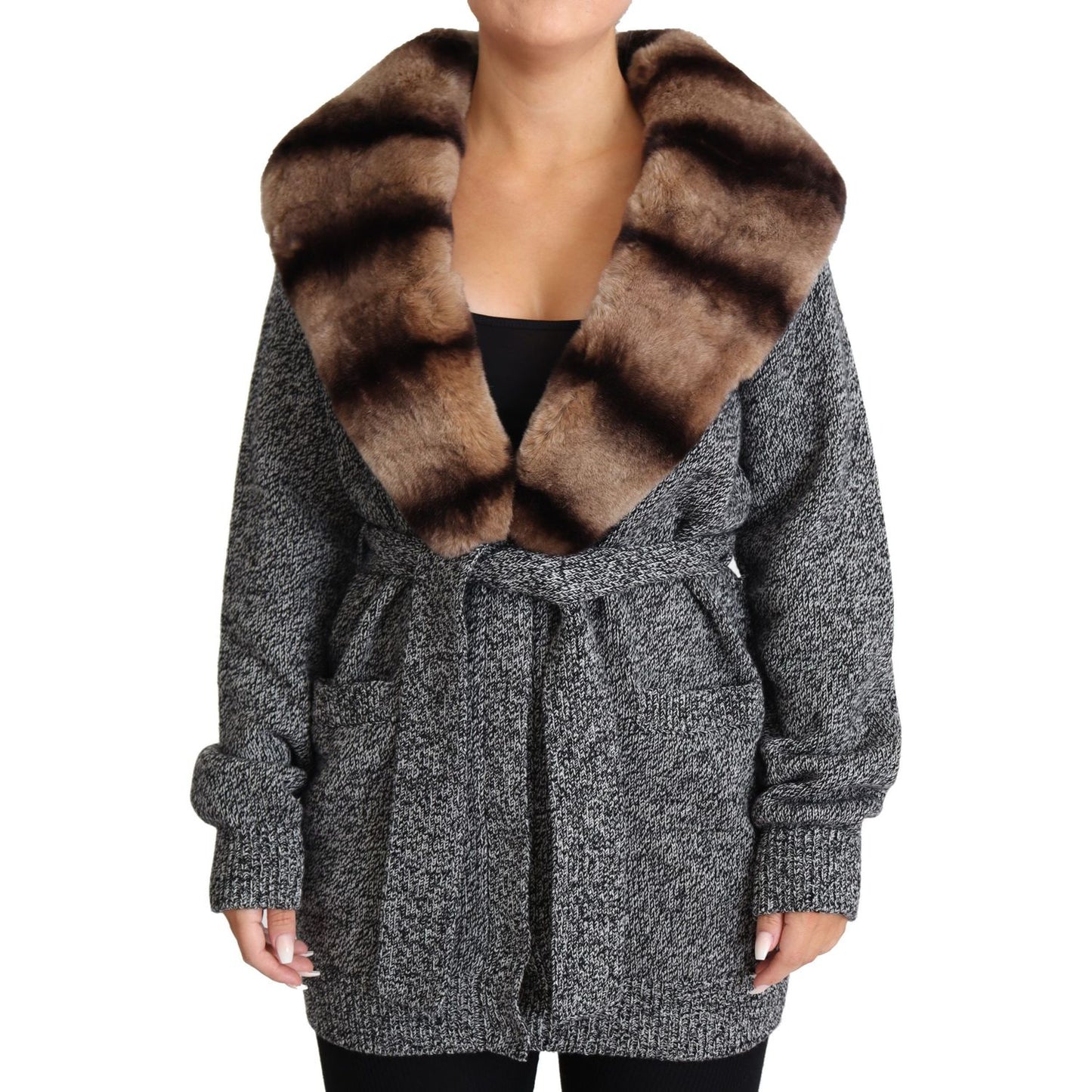 Dolce & Gabbana Gray Cardigan Fur Coat Cashmere Jacket