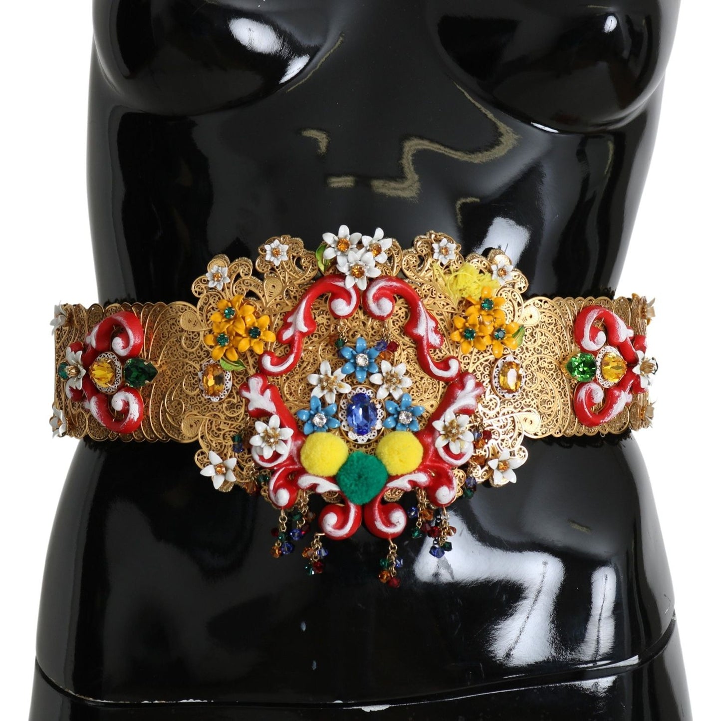 Dolce & Gabbana Embellished Floral Crystal Wide Waist Golden Belt Belt