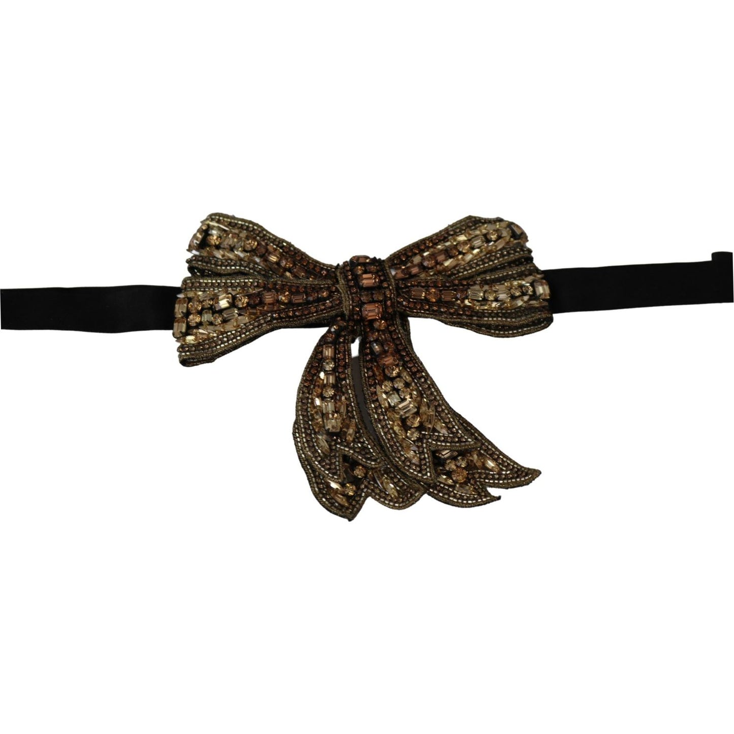 Dolce & Gabbana Gold Tone Silk Rhinestone Embellished Women Bowtie Bow Tie