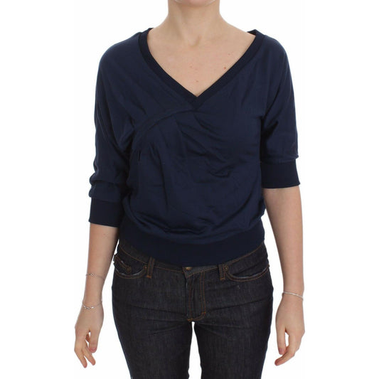 Exte Blue Cotton Top Pullover Deep V-neck Women Sweater