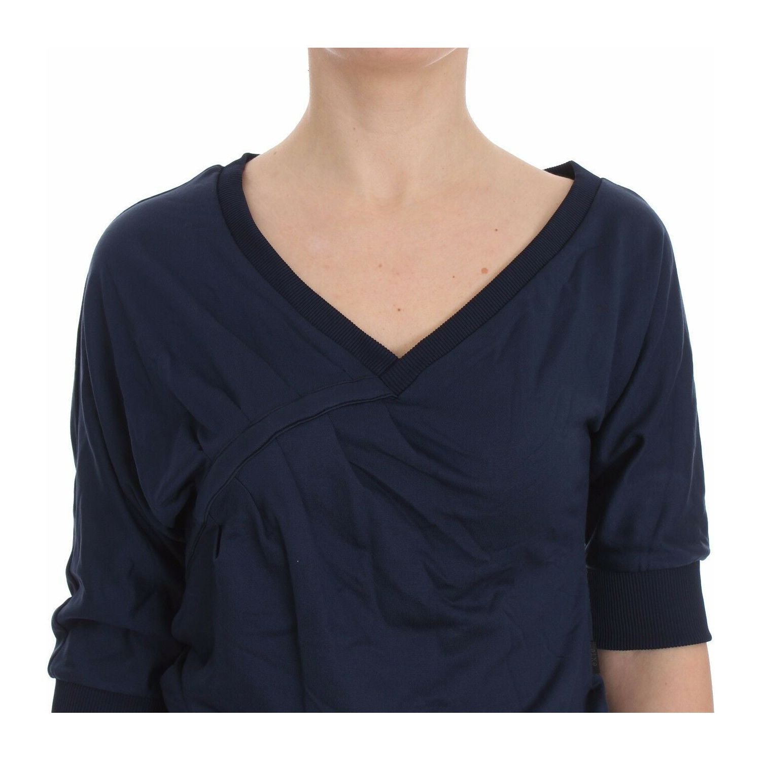 Exte Blue Cotton Top Pullover Deep V-neck Women Sweater