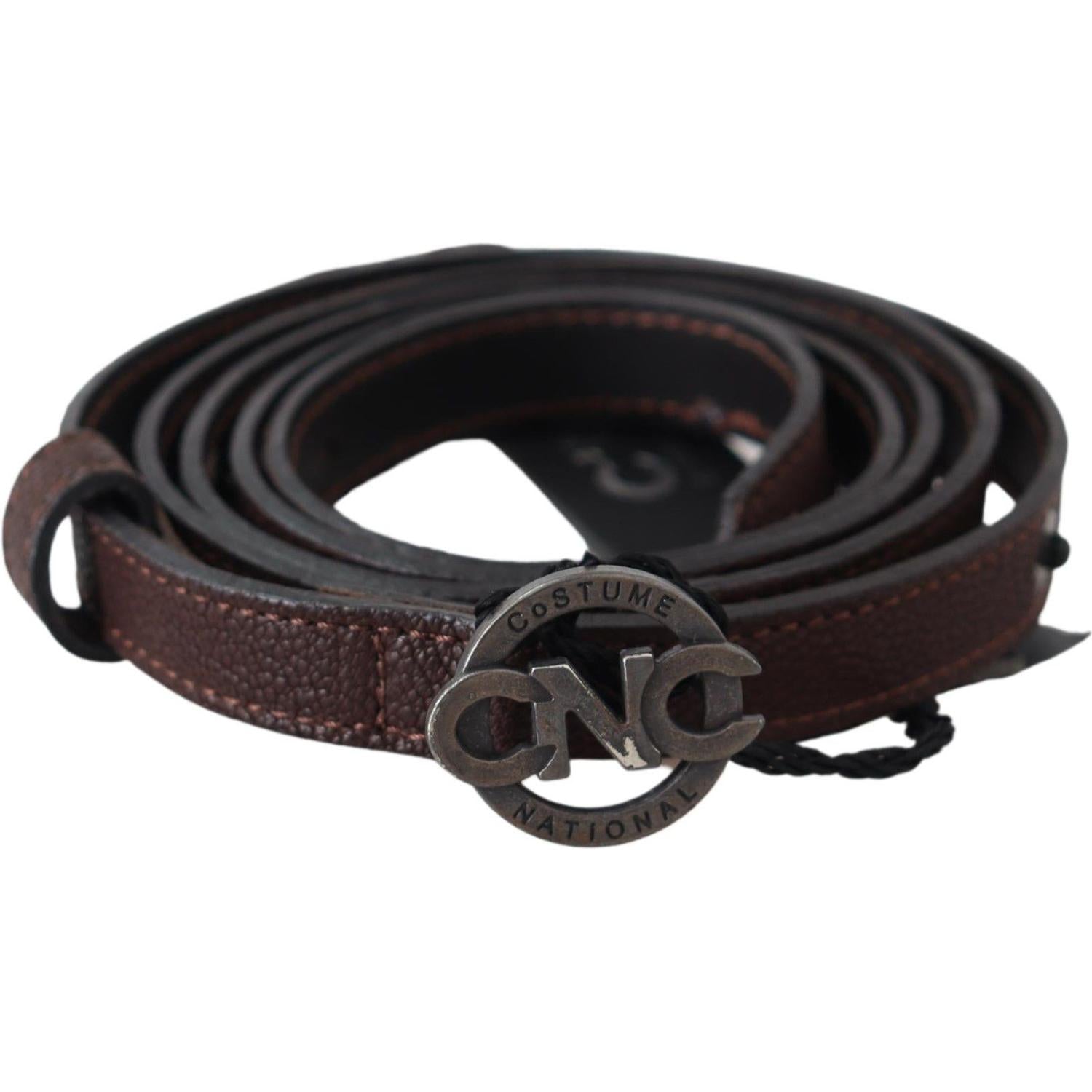 Costume National Brown Skinny Leather Round Logo Buckle Belt