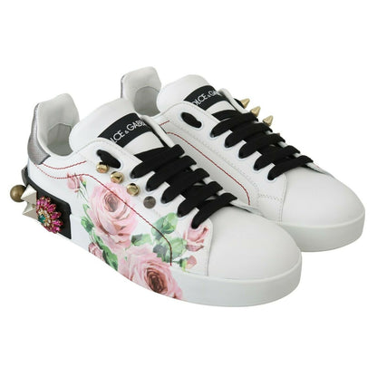 Dolce & Gabbana White Leather Crystal Roses Floral Sneakers Shoes