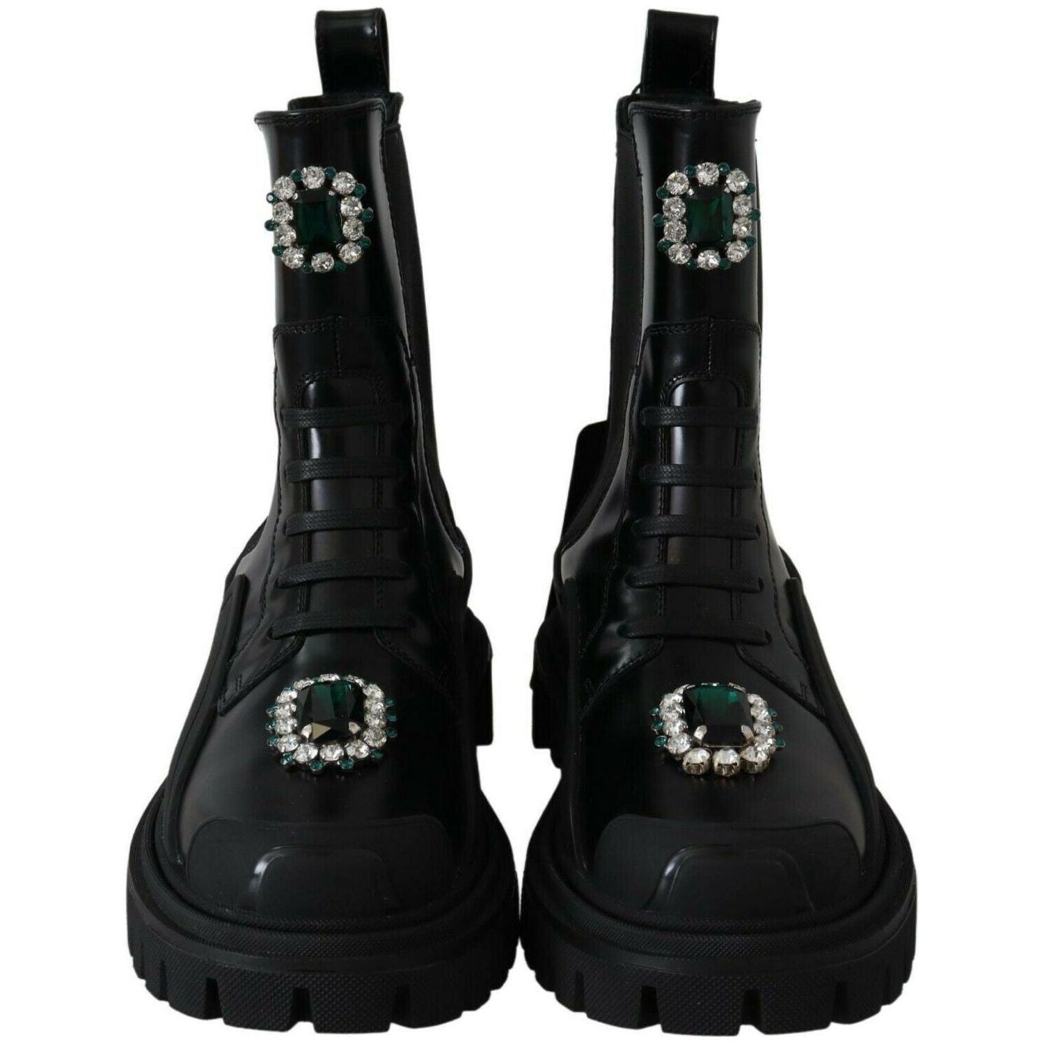 Dolce & Gabbana Black Leather Crystal Combat Boots
