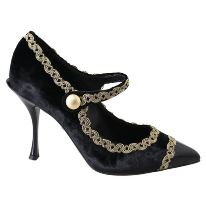 Dolce & Gabbana Black Velvet Gold Mary Janes Pumps