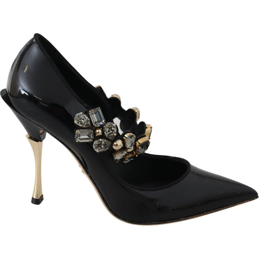 Dolce & Gabbana Black Leather Crystal Shoes Mary Jane Pumps