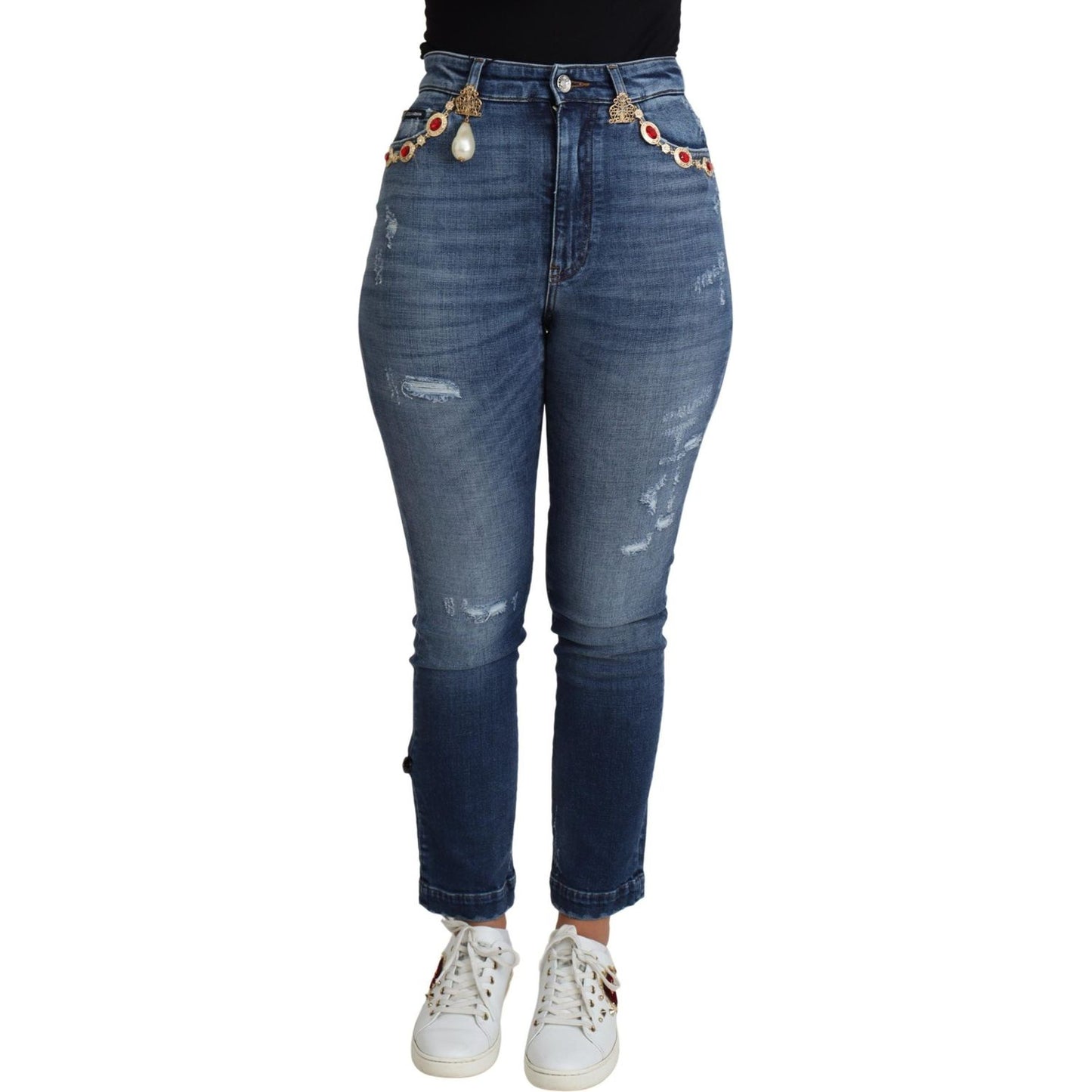 Dolce & Gabbana Blue Embellished Skinny Trouser Cotton Jeans