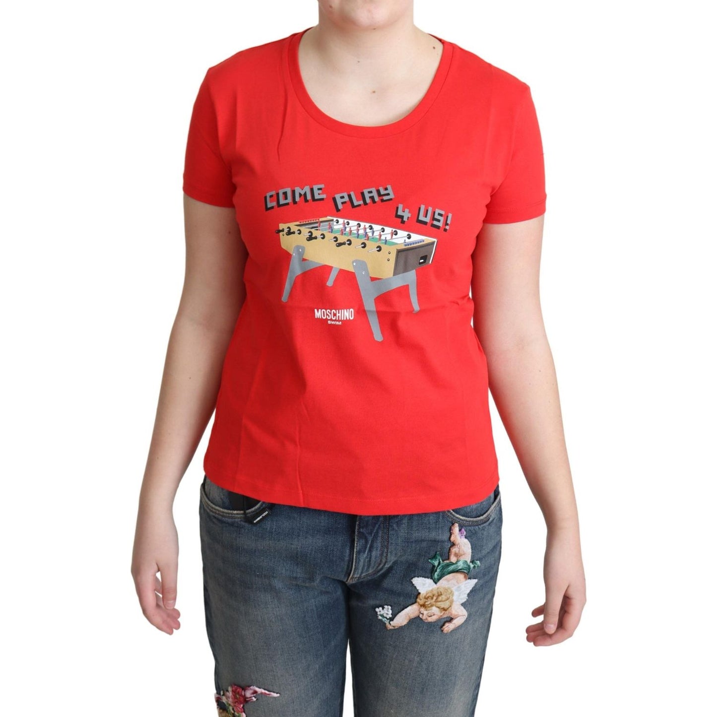 Moschino Red Cotton Come Play 4 Us Print Tops Blouse T-shirt