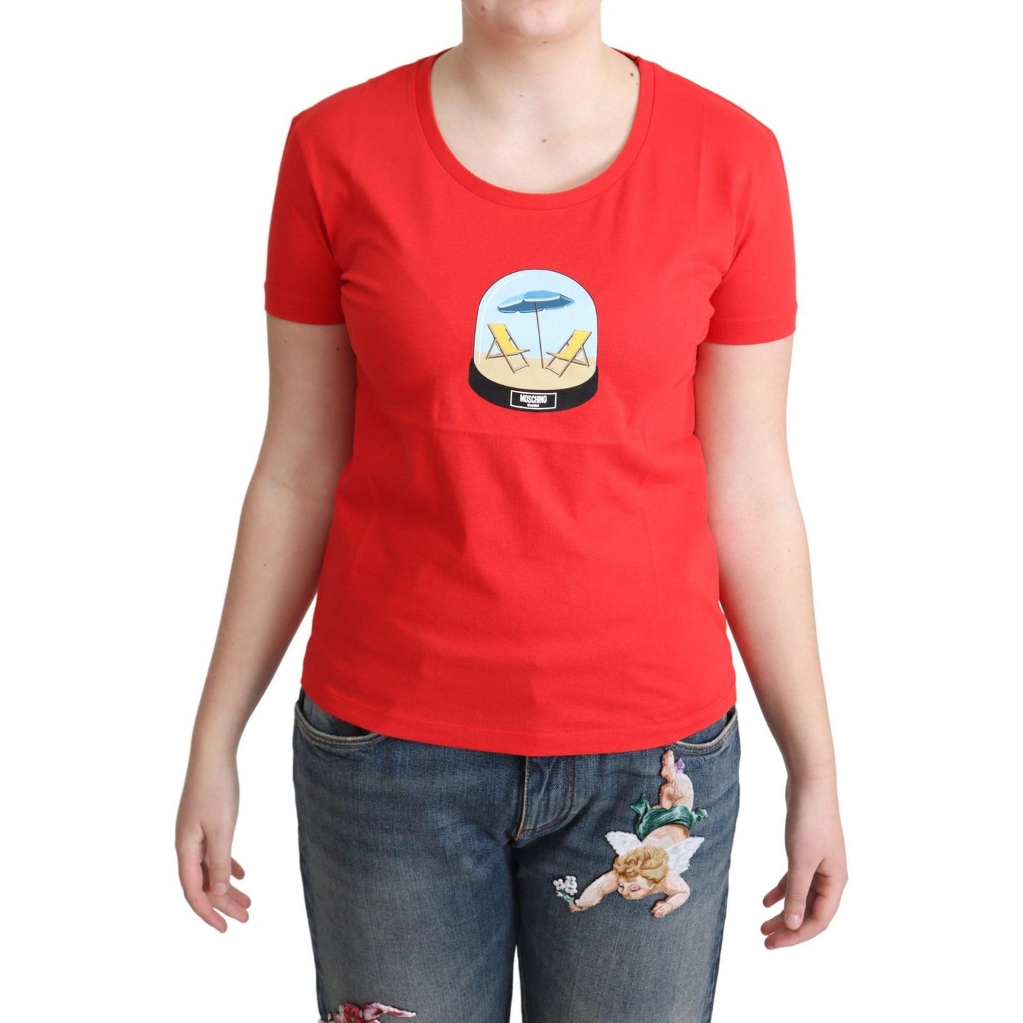 Moschino Red Printed Cotton Short Sleeves Tops Blouse T-shirt