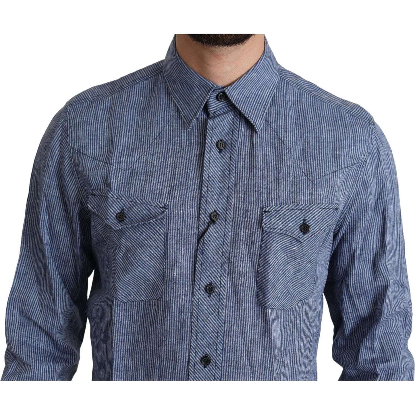Dolce & Gabbana Blue Stripes Men Casual Button Down Shirt