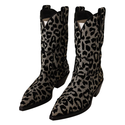 Dolce & Gabbana Gray Black Leopard Cowboy Boots Shoes