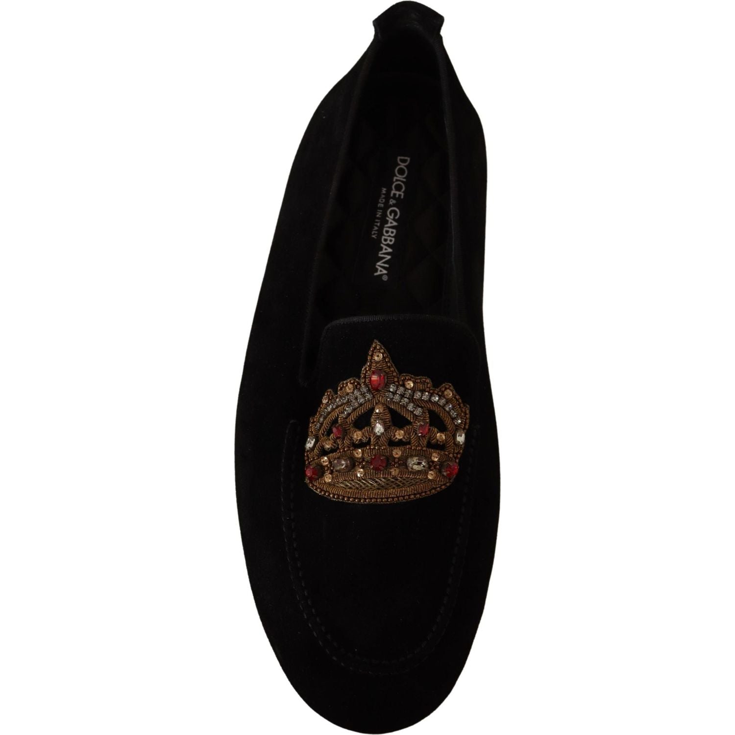 Dolce & Gabbana Black Leather Crystal Gold Crown Loafers Shoes