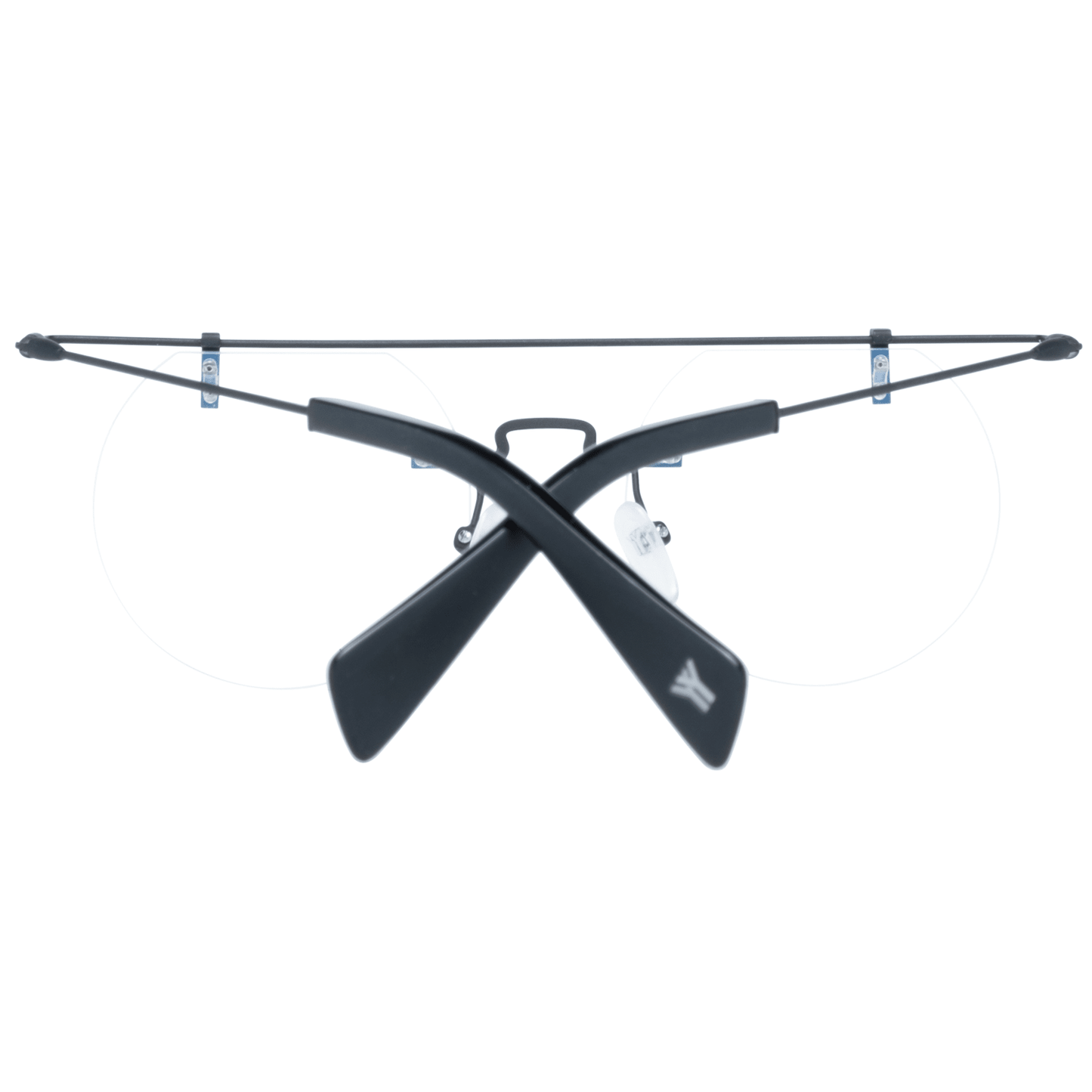 Yohji Yamamoto Black Metal Glasses (Frames) with round lenses and blue-filter feature, includes branded soft case, for men.