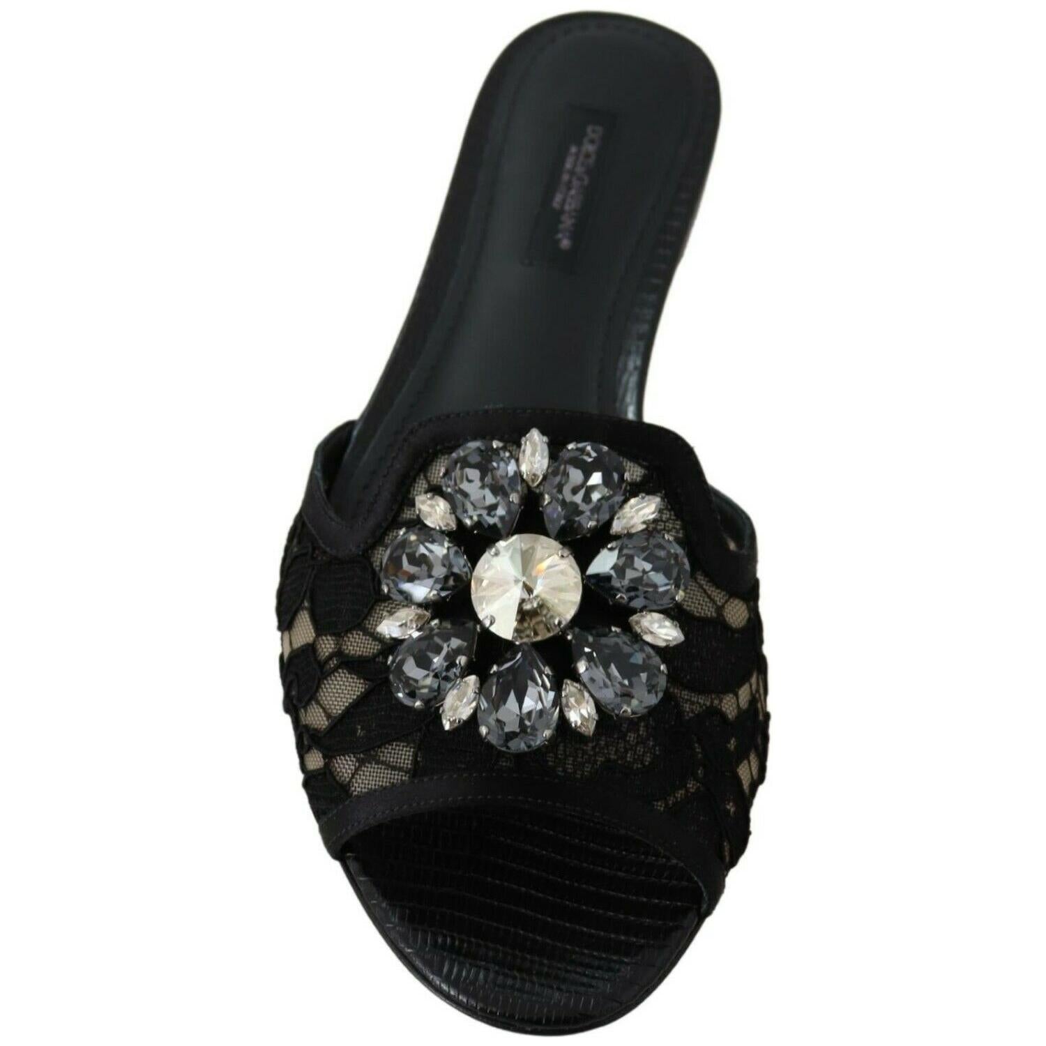 Dolce & Gabbana Black Taormina Lace Slides Crystals Flats Shoes
