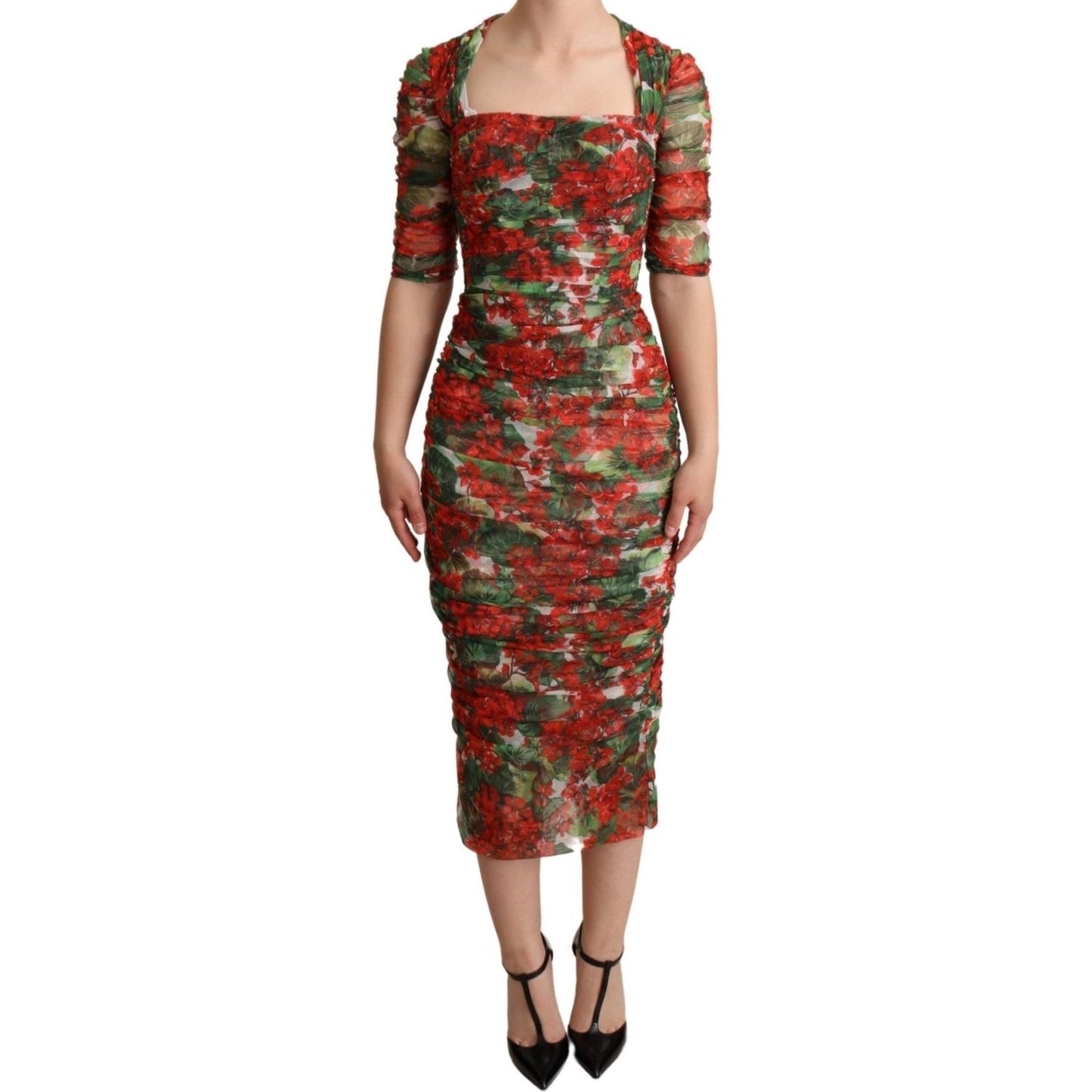 Dolce & Gabbana Red Floral Print Tulle Sheath Midi Dress WOMAN DRESSES