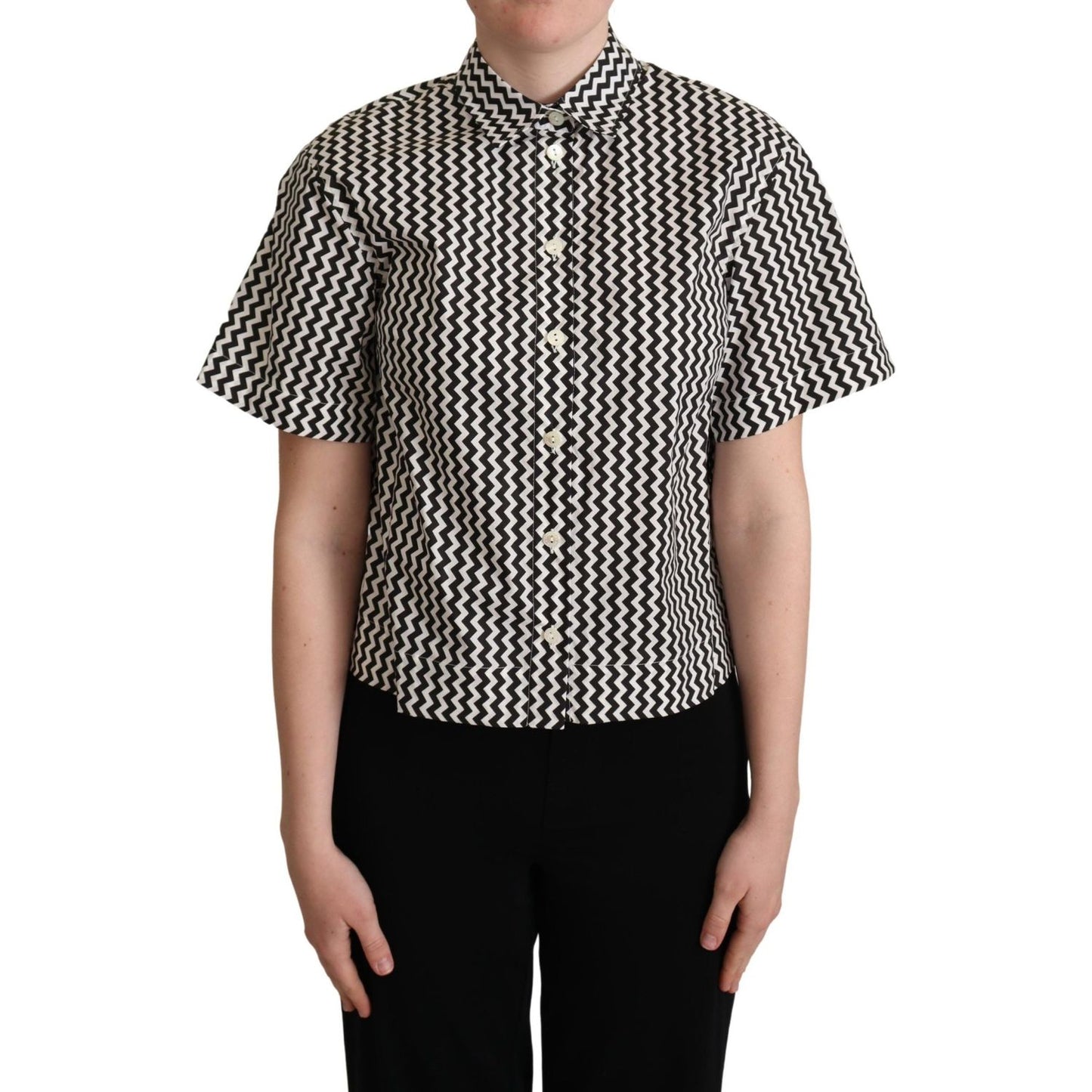 Dolce & Gabbana Black White Zigzag Collar Cotton Top Shirt Blouse Top