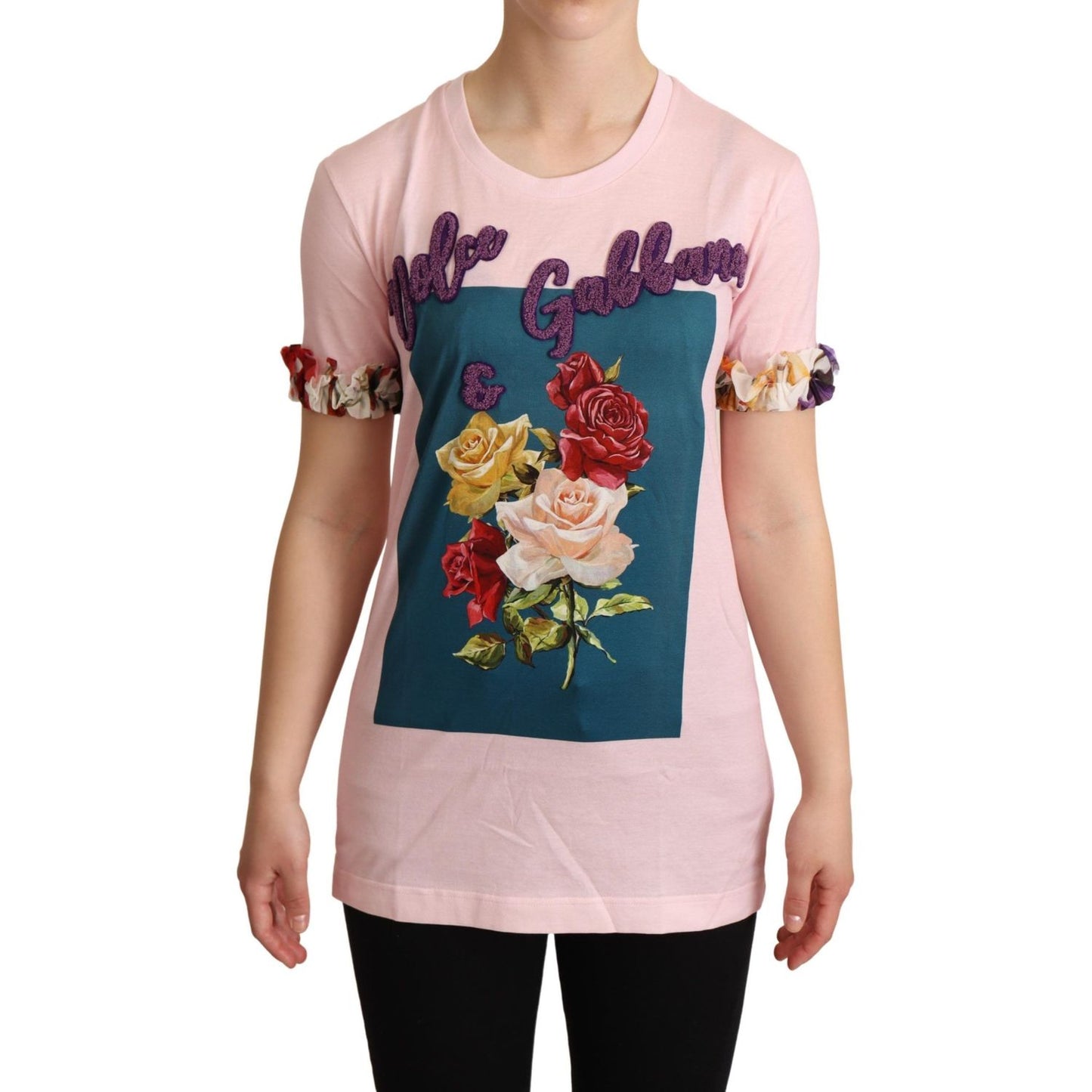 Dolce & Gabbana Pink Cotton Floral Roses Crewneck T-shirt