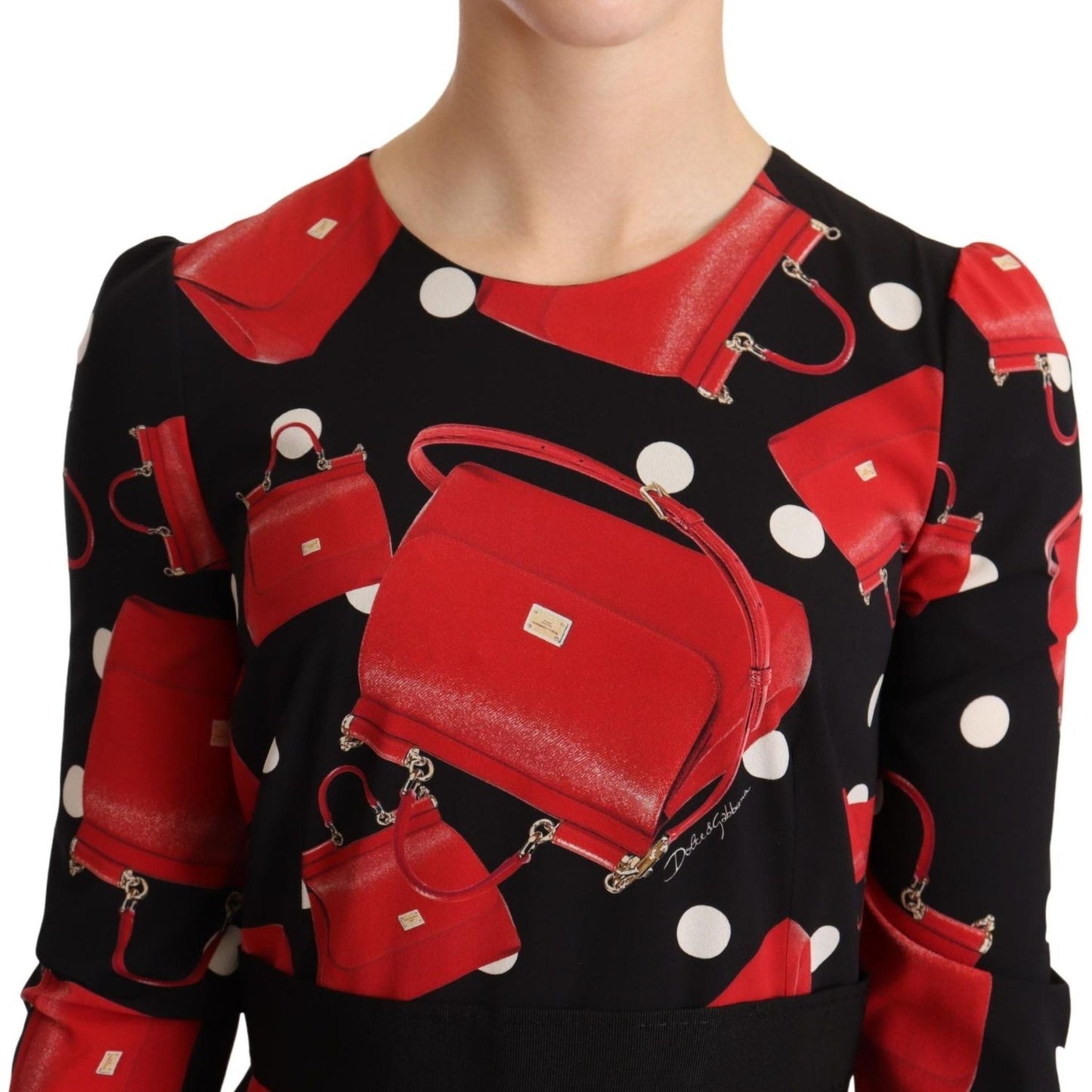Dolce & Gabbana Black Sicily Bag Print Flared Midi Dress WOMAN DRESSES