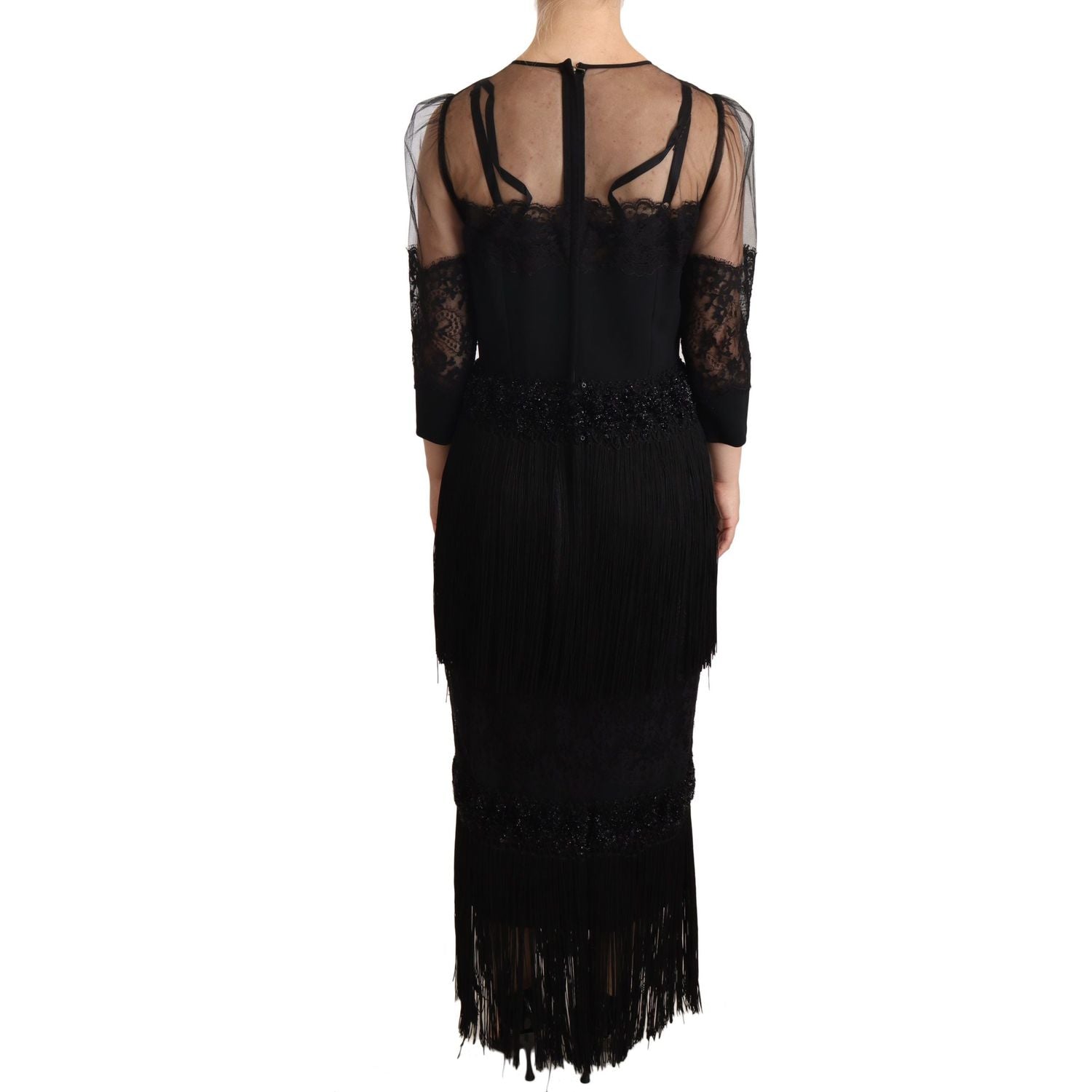 Dolce & Gabbana Black Sheer Floral Lace Crystal Maxi Dress