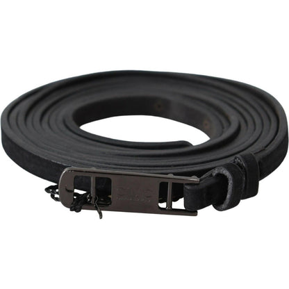 Costume National Black Leather Skinny Logo Buckle Belt