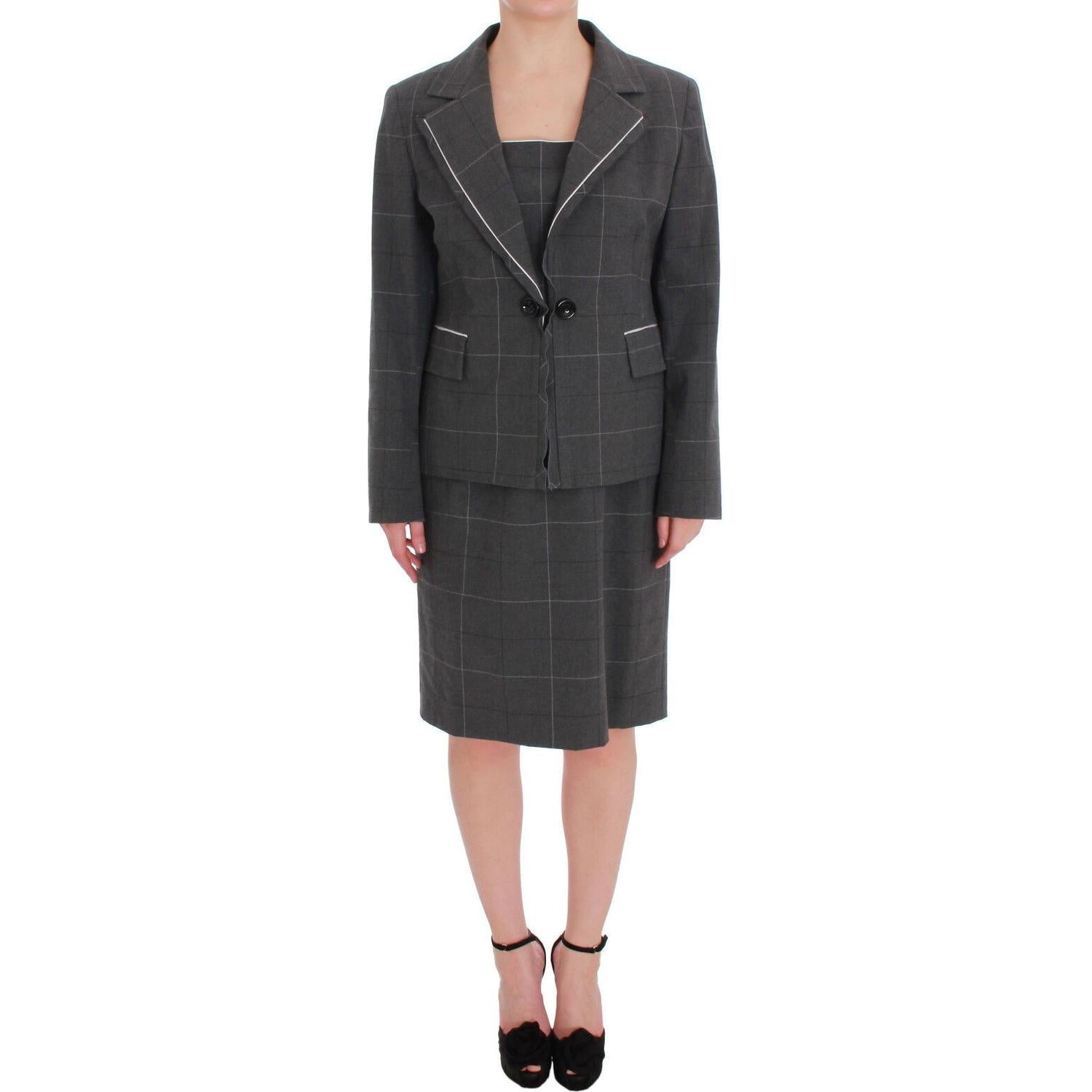 BENCIVENGA Gray Checkered Cotton Blazer Dress Set Suit
