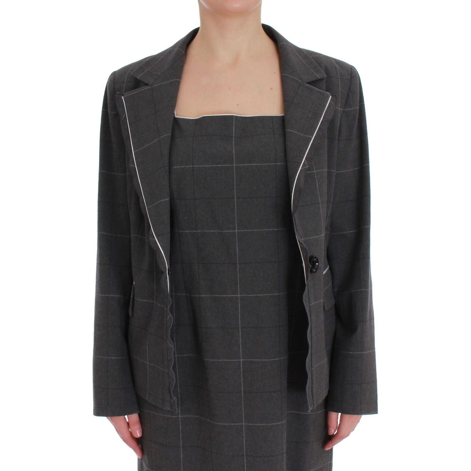BENCIVENGA Gray Checkered Cotton Blazer Dress Set Suit