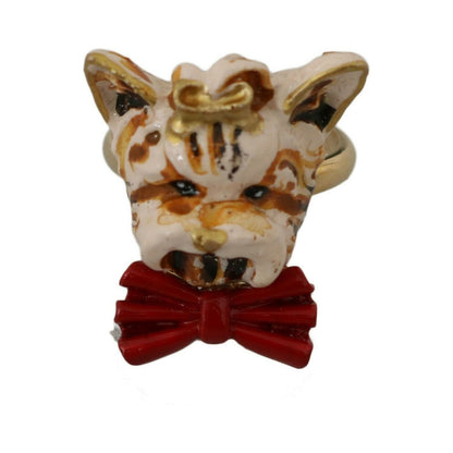 Dolce & Gabbana Gold Brass Resin Beige Dog Pet Branded Accessory Ring