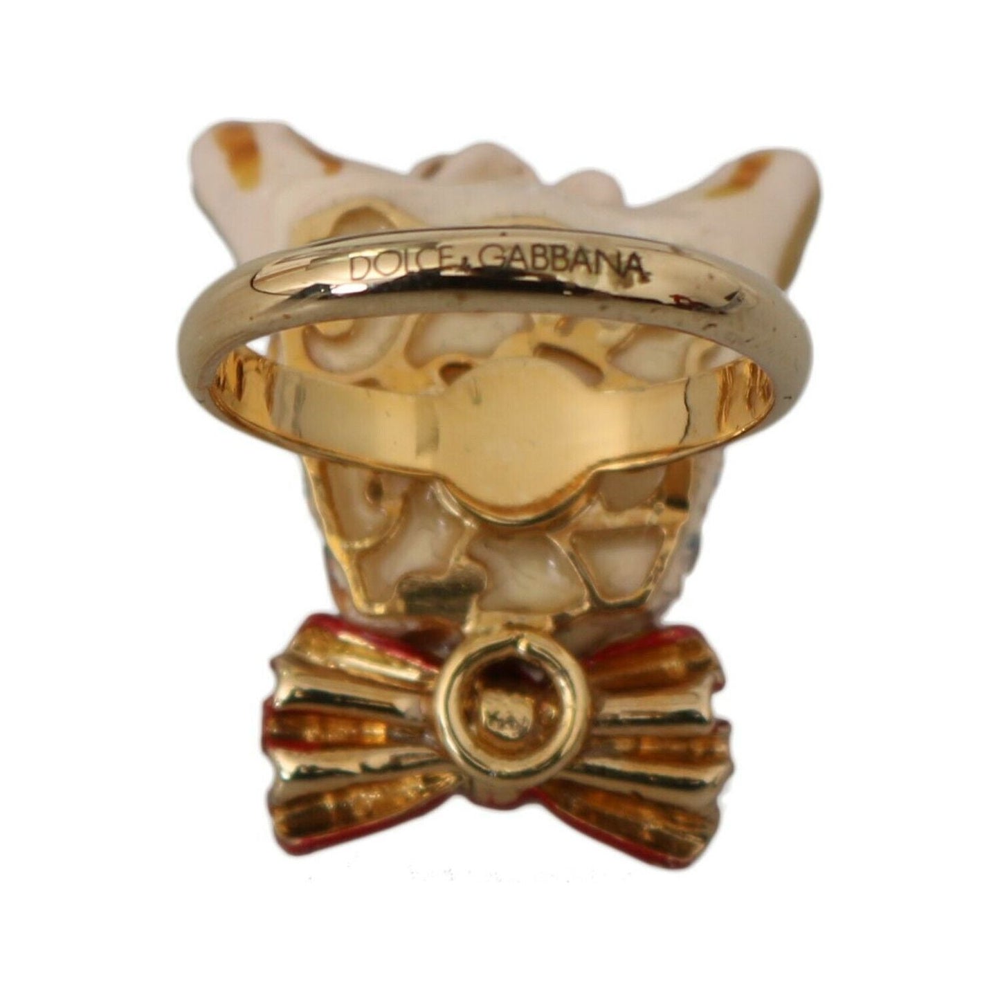 Dolce & Gabbana Gold Brass Resin Beige Dog Pet Branded Accessory Ring