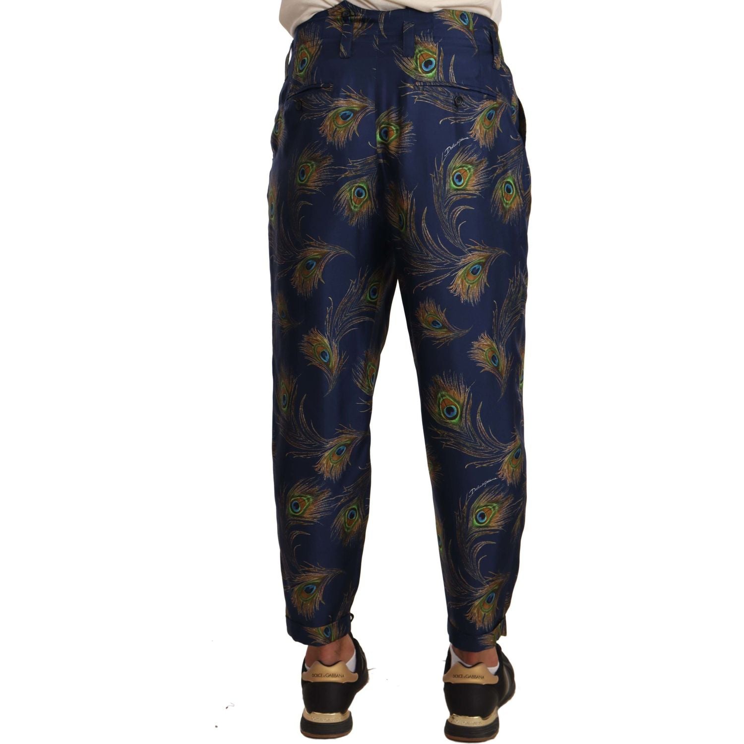Dolce & Gabbana Blue Peacock Print Tapered Trousers Silk Pants
